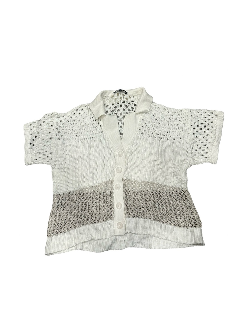 GUC Central Park West Women’s M Short Sleeve Button Front Knit Top - White/Beige